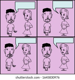 A man and a woman are standing and talking. They speak in turn and show emotions on their faces.