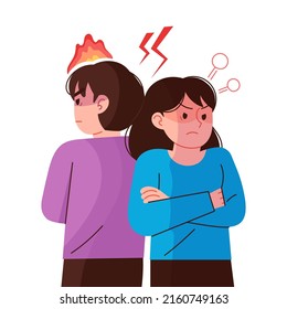 Man and woman standing with their backs to each other fighting and angry. Relationship troubles concept vector illustration.