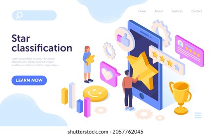 Man and woman standing together with golden stars. Concept of digital quality ranking, rating score, user feedback. Website, web page, landing page template. Isometric cartoon vector illustration