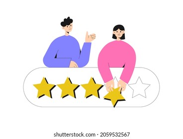 Man and woman standing together with golden stars. Concept of digital quality ranking, rating score, user feedback. Website, web page, landing page template.