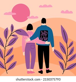 Man and woman standing together, hugging and watching the sunset. Traditional heterosexual couple back side. People from behind. Vector flat illustration