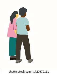 Man and woman standing together and look or choose on something. Couple of different races have a discussion. White race female and african american male talk to each other. Flat Vector illustration