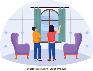 man and woman standing together and making future Plans concept, Female Real estate agent showing property vector design, Love romance banner Valentines Day Scene human relationship stock illustration