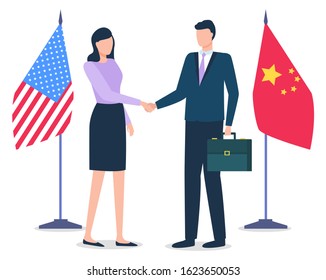 Man and woman standing together, partners in business. International cooperation between United States of America and China. Flags of countries on background. Vector illustration in flat style