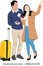 a man and woman are standing with a travel suitcase traveling concept vector illustration