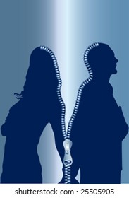 man and woman standing with zipper