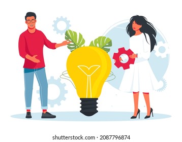 Man and woman stands by large light bulb. Business idea concept isolated. Creation, implementation of business innovations. Vector illustration. Implementation, integration of innovative ideas concept