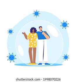 Man and woman stands inside a protective bubble. Adult characters are vaccinated and protected from coronavirus COVID-2019. Vector isolated illustration on white background