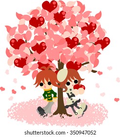 Man and woman stands still under the mysterious tree that bears heart fruits.