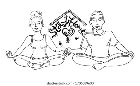 man and woman stay at home and do yoga together