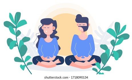 Man and woman stay at home sitting meditation. Vesak day. covid-19 coronavirus outbreak. flat character design abstract people. health care and medical vector.