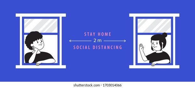 The man and woman stay home at the windows and keep 2 meter distancing to avoid covid-19 crisis on blue background illustration vector, stay home concept