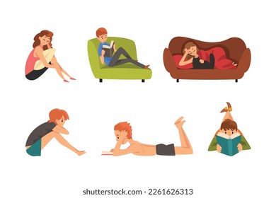 Man and Woman Staying Home Engaged in Different Leisure Activity Vector Set