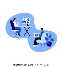 A man and a woman staying home meeting up with work team or friends online via conference video call