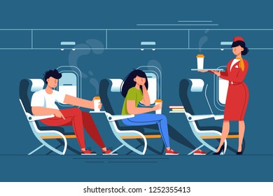 Man and woman with stewardess relax with drinks in thje plane. Concept people on vacation, journey, trip, flight. Vector illustration.