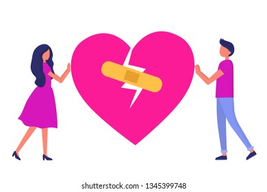 The man and the woman stick a broken heart with a plaster. After the quarrel. Troubles in the relationships. Vector flat illustration.