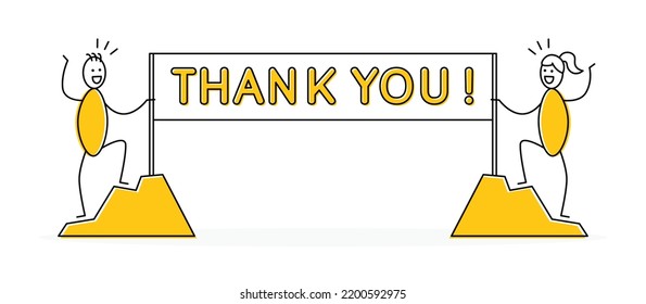 Man And Woman Stick Figure Holding Thank You Banner. Vector Illustration.