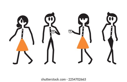 Man and woman stick figure walking, holding coffee cups in their hands designed standing.