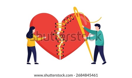 A man and woman are stitching a large red broken heart back together, symbolizing relationship repair and reconciliation.