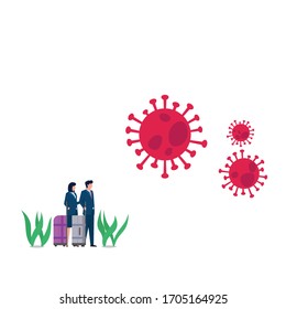 Man and woman stopped from travel because corona virus. Business flat vector concept illustration for Wallpaper, Banner, Background, Infographic, Book, And Web Landing Page.