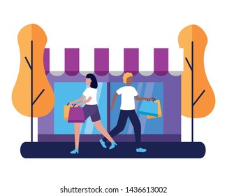 man and woman store shopping bags commerce vector illustration