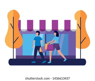 man and woman store shopping bags commerce vector illustration