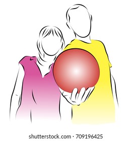 A man and a woman stretch their arms forward and held a ball in one hand. Color vector illustration on sport, games, recreation.