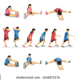 man and woman in stretches and exercises. Vector illustration set 