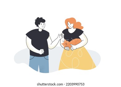 Man and woman stroking cat flat vector illustration. Couple taking care of pet. Love, friendship, family, recreation concept for banner, website design or landing web page