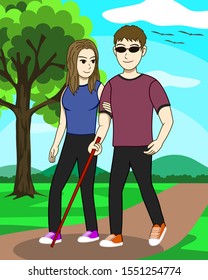 A man and a woman strolling in the garden Both are husband and wife. The husband is blind. 
