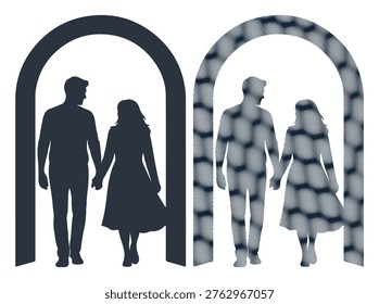 Man and woman strolling under rounded arch, silhouette pair with abstract wave patterns.