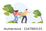 Man and woman in strong wind. Male and female characters battling strong wind. Nature, weather concept for website or landing page