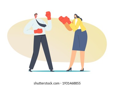 Man and Woman Struggle Concept. Male and Female Characters Battle in Boxing Gloves, Fight for Leadership and Gender Equality in Career Competition, Strength Effort. Cartoon People Vector Illustration