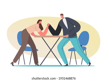 Man and Woman Struggle Concept. Male and Female Characters Arm Wrestling Battle, Fight for Leadership and Gender Equality in Career Competition, Strength Effort. Cartoon People Vector Illustration