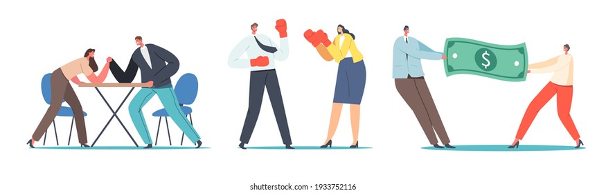 Man and Woman Struggle Concept. Male and Female Characters Arm Wrestling Battle, Fight in Boxing Gloves, Pulling Huge Dollar Bill. Gender Competition, Leadership. Cartoon People Vector Illustration