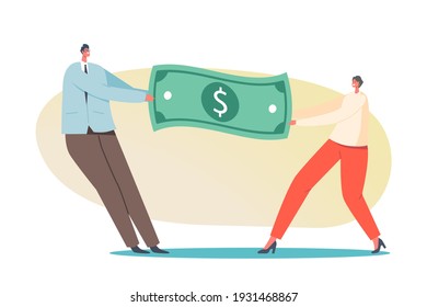 Man and Woman Struggle for Money Concept. Male and Female Characters Pulling Dollar Bill Fight for Leadership and Gender Equality, Career Competition, Salary. Cartoon People Vector Illustration