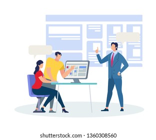Man and Woman Students Sitting at Desk and Discussing at Computer Screen. Business Trainer Explaining Information in Classroom at Huge Interactive Monitor Background. Cartoon Flat vector Illustration