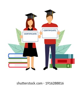 Man and woman students wearing graduation hats and holding certificates with stack of books on background in flat design. Education graduate and degree. Knowledge and studying concept.