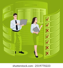 Man and woman study the survey results to identify and understand problems in the decision-making process. Business concept. Flat vector illustration.