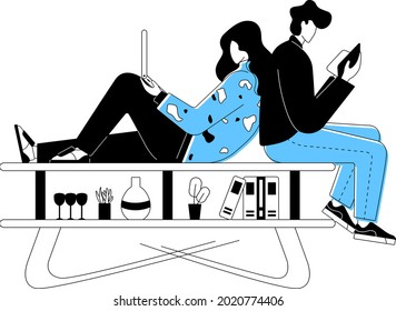 Man and Woman Studying from Book and Laptop Web Illustration