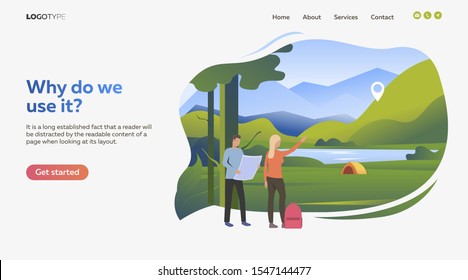 Man and woman studying map in forest. Location, way finding flat vector illustration. Navigation concept for banner, website design, landing web page