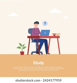Man and woman studying  on books with laptop computers learning and educating themselves. Flat design vector illustration