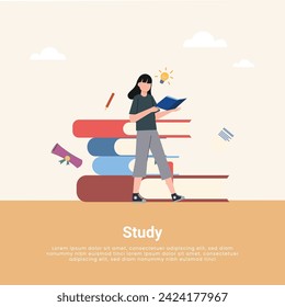 Man and woman studying  on books with laptop computers learning and educating themselves. Flat design vector illustration