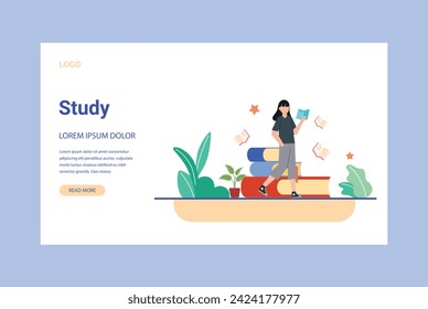 Man and woman studying  on books with laptop computers learning and educating themselves. Flat design vector illustration