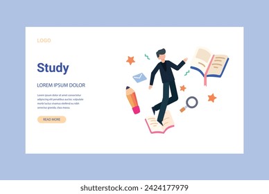 Man and woman studying  on books with laptop computers learning and educating themselves. Flat design vector illustration