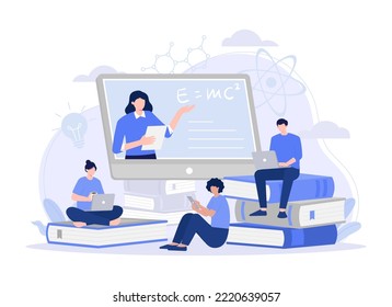 Man and woman studying on internet, watching online lecture on computer, talking to sains tutor through zoom meeting. Modern vector flat illustration