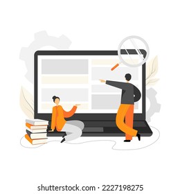 Man and woman studying online on laptop. Characters searching information on a computer. Online education illustration in flat design