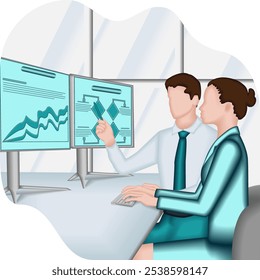 Man and woman are studying the reports to identify and understand problems in the decision-making process. Business concept. 2D vector illustration.