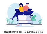 Man and woman studying together - Couple sitting on books with laptop computers learning and educating themselves. Flat design vector illustration with white background