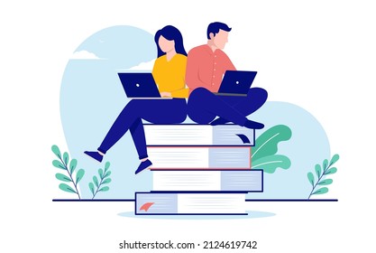 Man and woman studying together - Couple sitting on books with laptop computers learning and educating themselves. Flat design vector illustration with white background
